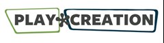 PlayCreation Logo与所有首都的“Play”一词有一个较轻的绿色偏斜矩形形状，概述了它。在中间的大胆圆角星号。所有大写的“创造”都有一个深绿色的偏斜矩形形状，概述了它。