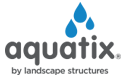 Aquatix徽标由三个蓝色撕开水滴下在Aquatix灰色文本Aquatix上。