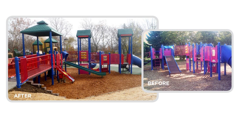 之前和之后的后悔rofit program used on a park playground, making it into a inclusive playground.
