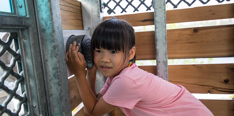 年轻的女孩将耳朵握在多米诺公园的甘蔗舱中的聊天管上。