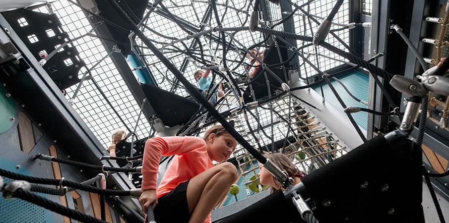 儿童在操场结构内攀爬货物和带网的操场攀爬者的垂直视图。